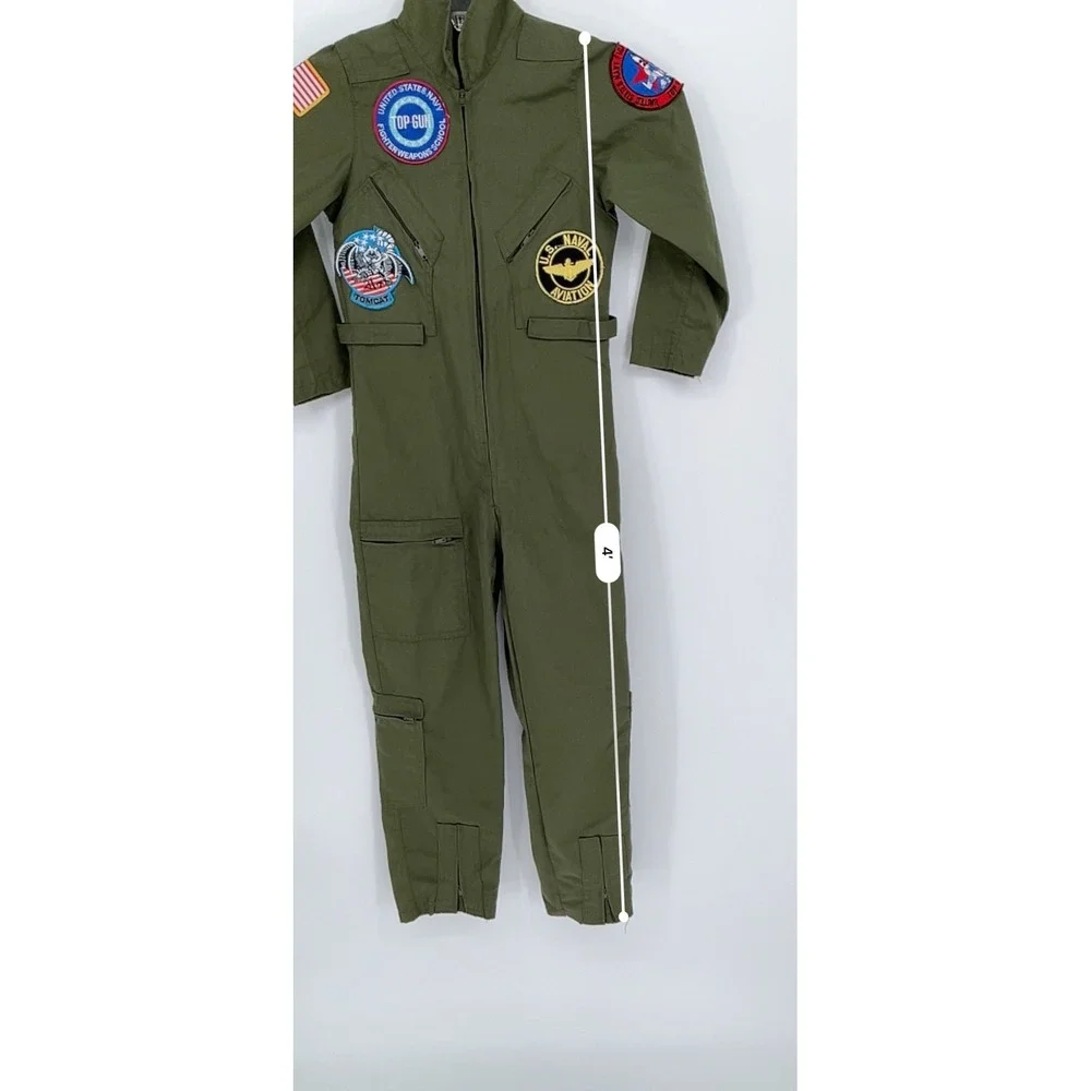 Top Gun Boy's Green Patch Pilot Flight Suit Halloween Costume Jumpsuit Size M
